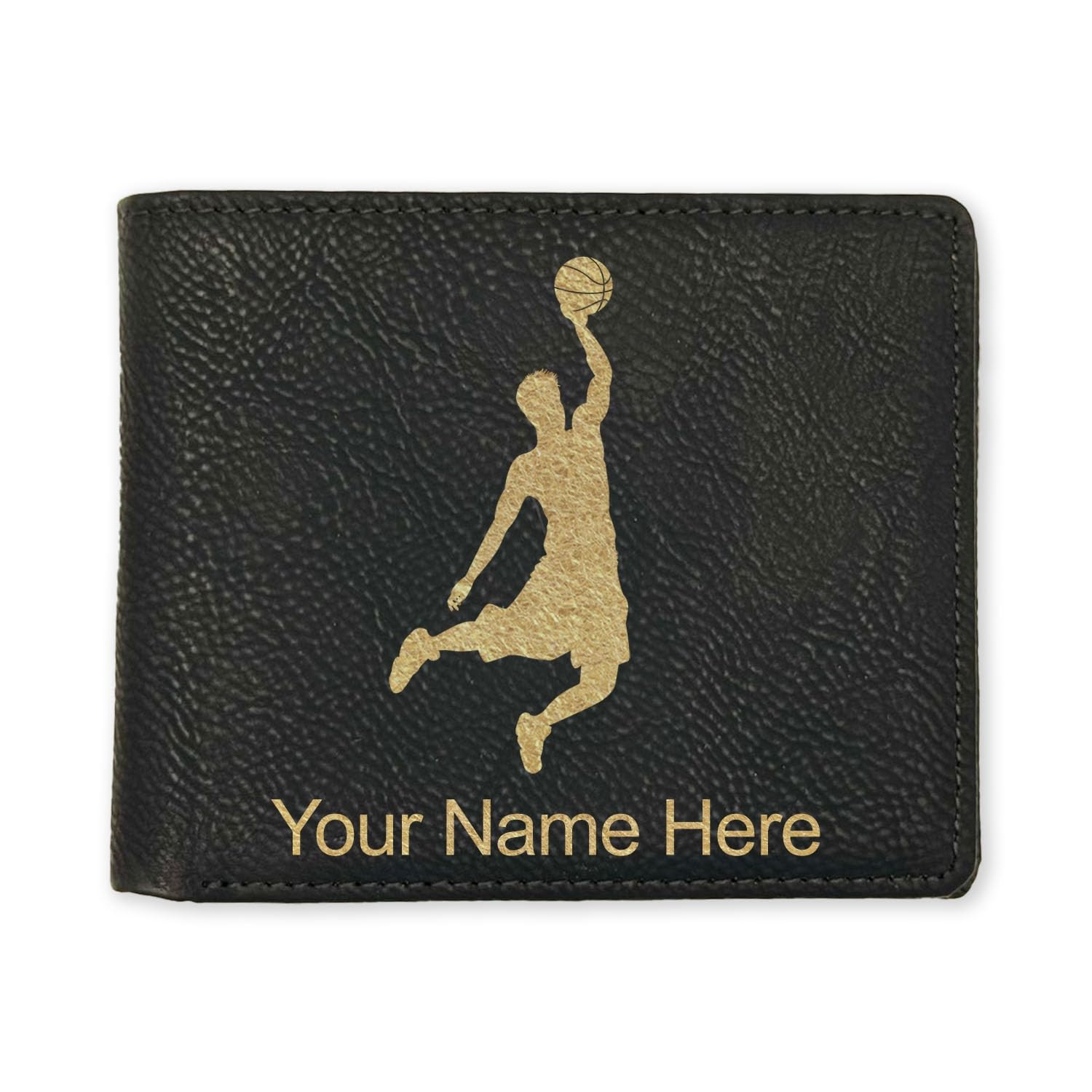 LaserGram Faux Leather Bi-Fold Wallet, Basketball Slam Dunk Man, Personalized Engraving Included (Black with Gold)