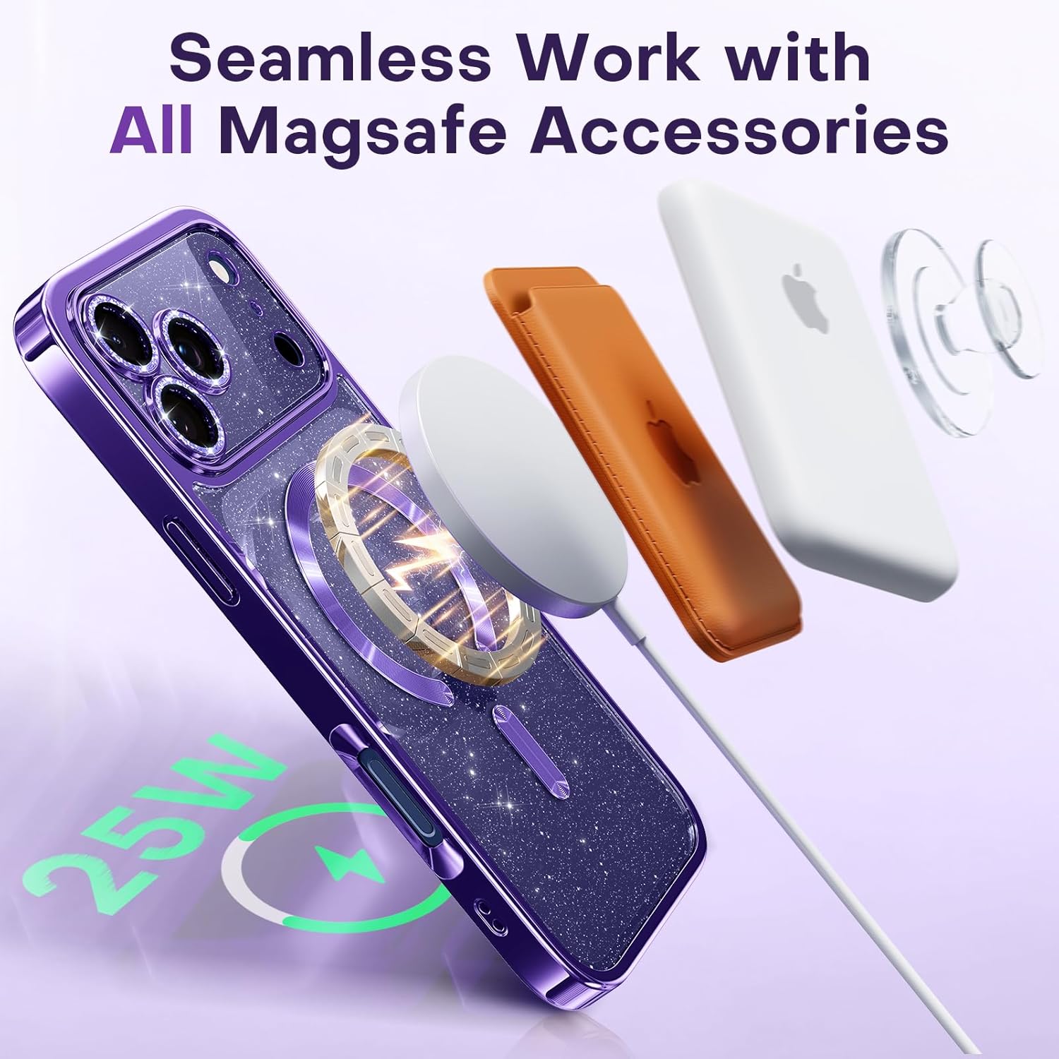 Glitter for iPhone 17 Pro Max Case with Eye-catching Integrated Lens Protection, [Sparkly Bling Back Panel] [Seamless Work with Magsafe] Cute Women Girly Magnetic Case for iPhone 17 Pro Max Purple - Image 4
