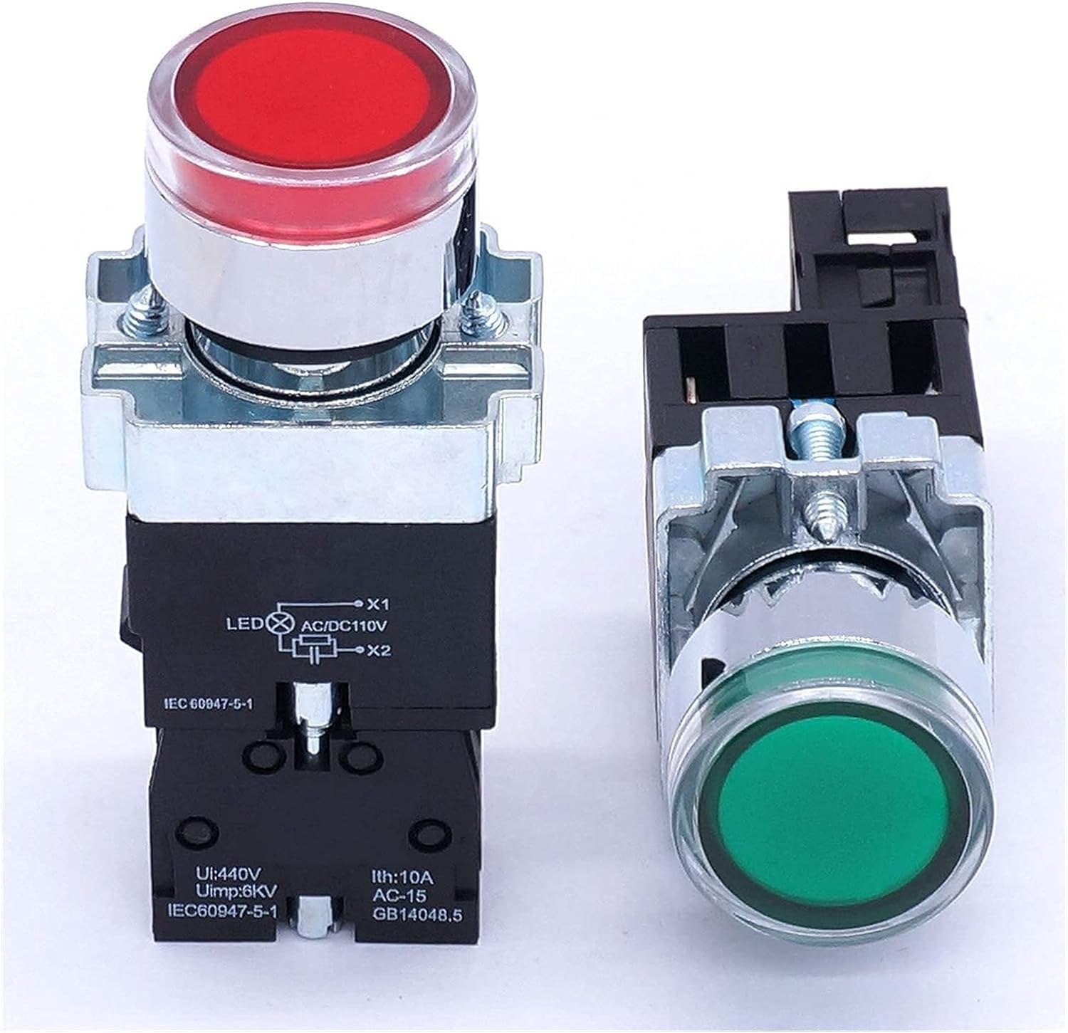 Interruptor 2 piezas 22 mm 1 NO 1 NC interruptor de botón 440 V 10 A interruptor de botón con voltaje de luz LED 110 V