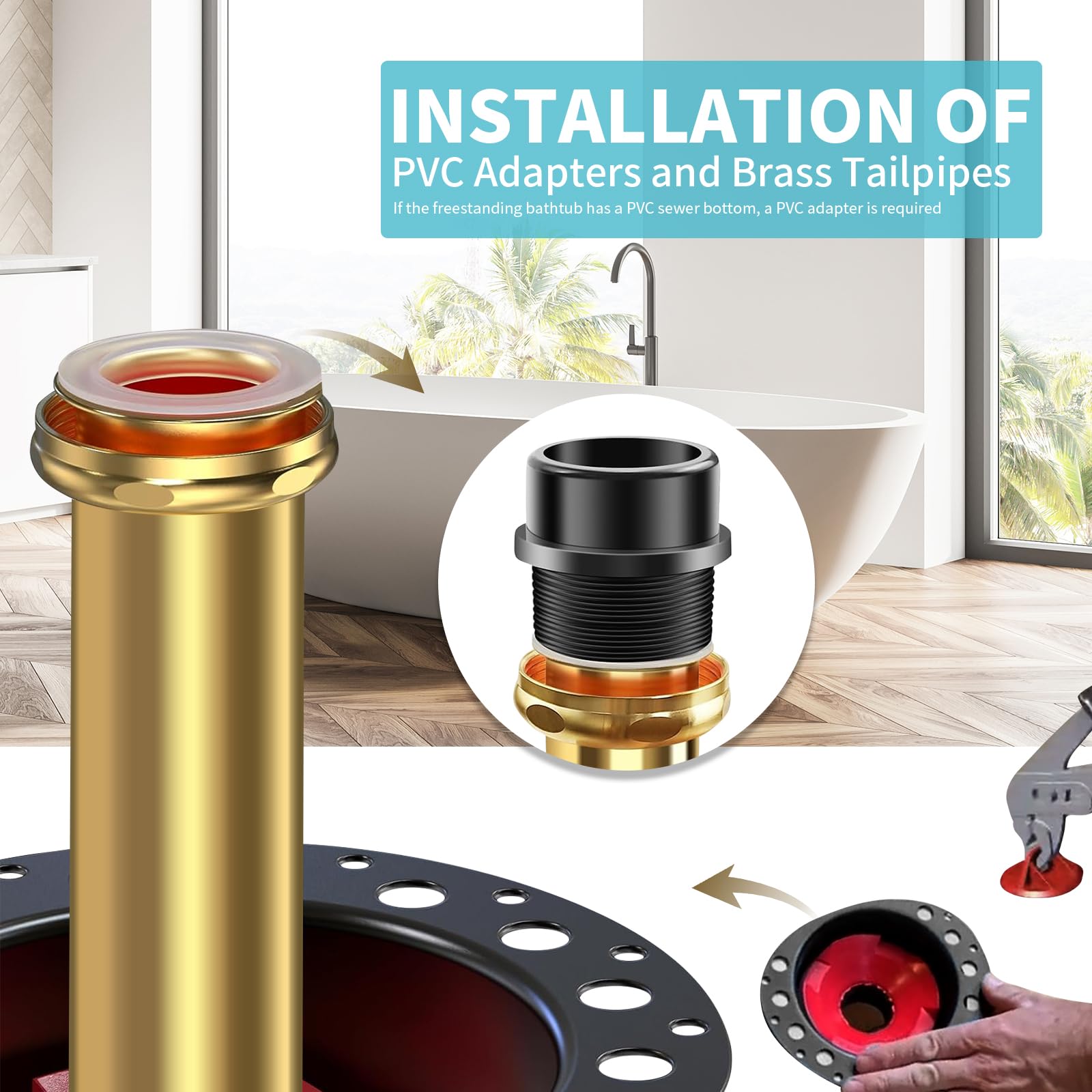 Freestanding Bathtub Drain Rough-in Kit - Complete Set With PVC Adapter & Brass Pipes For Floor Mount Tubs