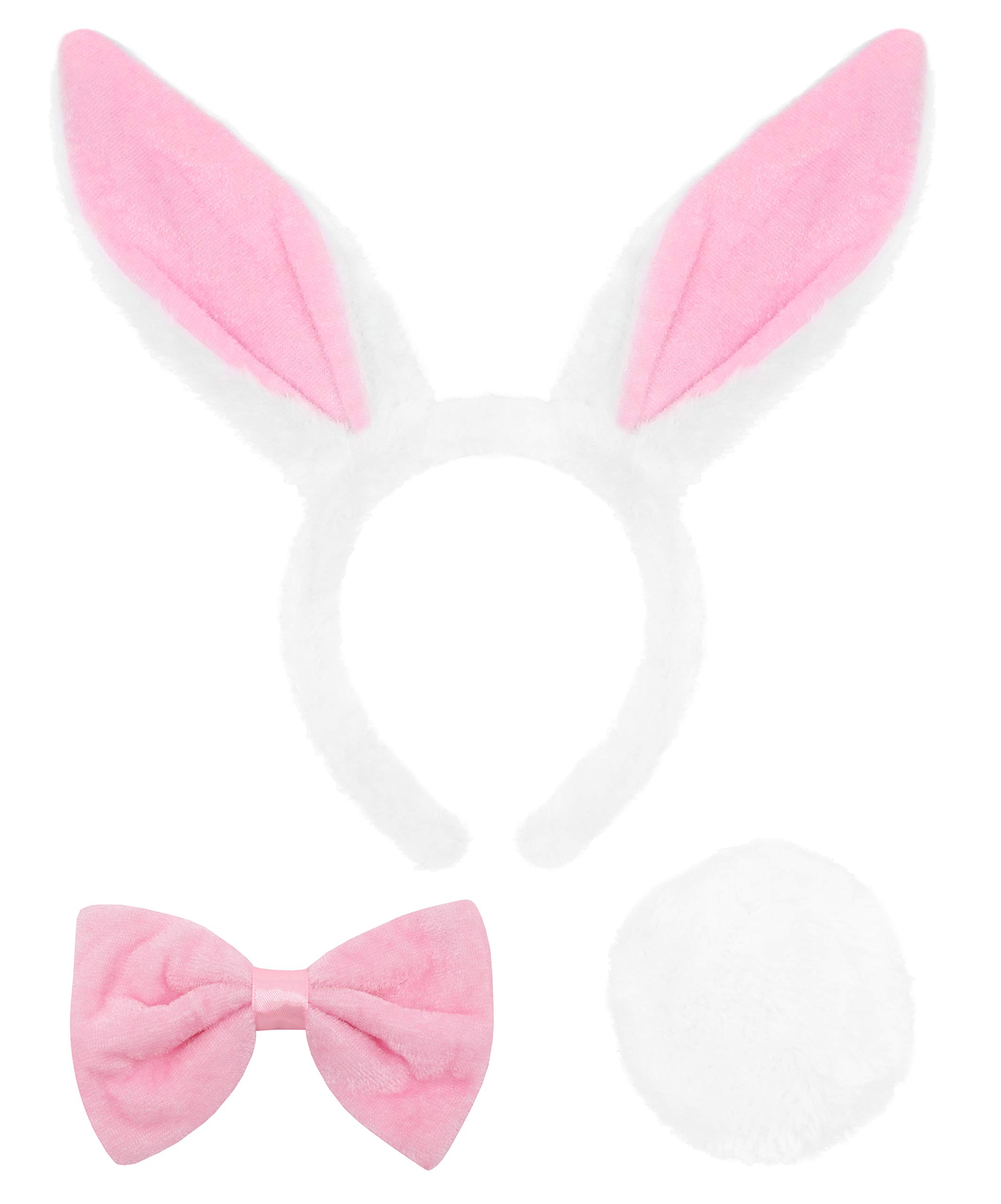 Adults White Rabbit Wonderland Easter Costume Set - Bunny Ears, Pink Bowtie, Tail - Plush Fancy Dress Accessory (Pack of 1)