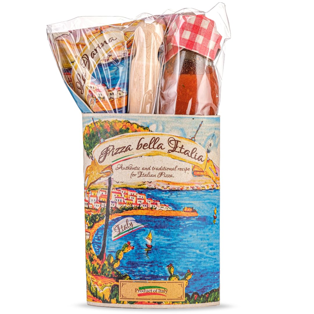 ARTIGIANI DEI SAPORI - Artisan Handmade Pizza Gift Set, Italian Pizza Mix Kit in Deluxe Packaging, Includes Flour, Rolling Pin, and Tomato Sauce