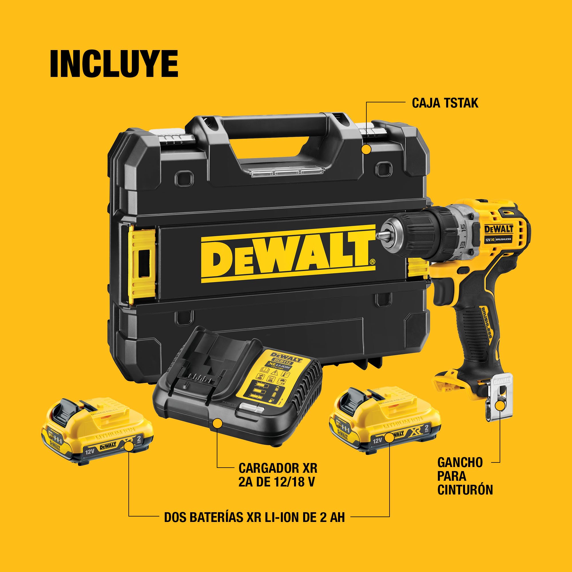 DEWALT Taladro atornillador sin escobillas XR 12V con 2 baterías XR Li-Ion de 2 Ah y cargador + maletín TSTAK, DCD701D2-QW