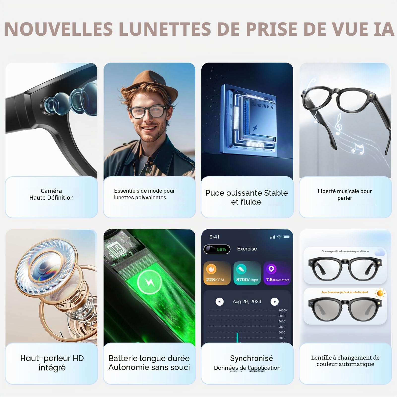 Tosuny Lunettes avec caméra 2MP, Lunettes Intelligentes avec Traducteur IA avec APP, Lunette de Audio avec caméra, Traduction en 11 Langues et Enregistrement vidéo HD