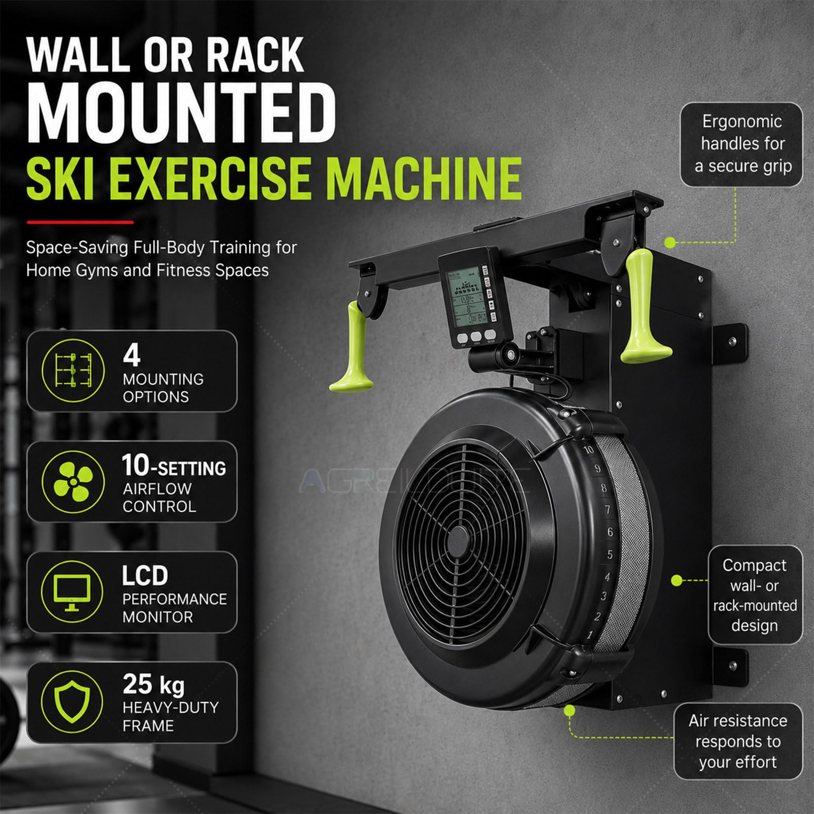 Ski Trainingsgerät mit 10-Stufen Luftwiderstand und LCD-Display WallMount