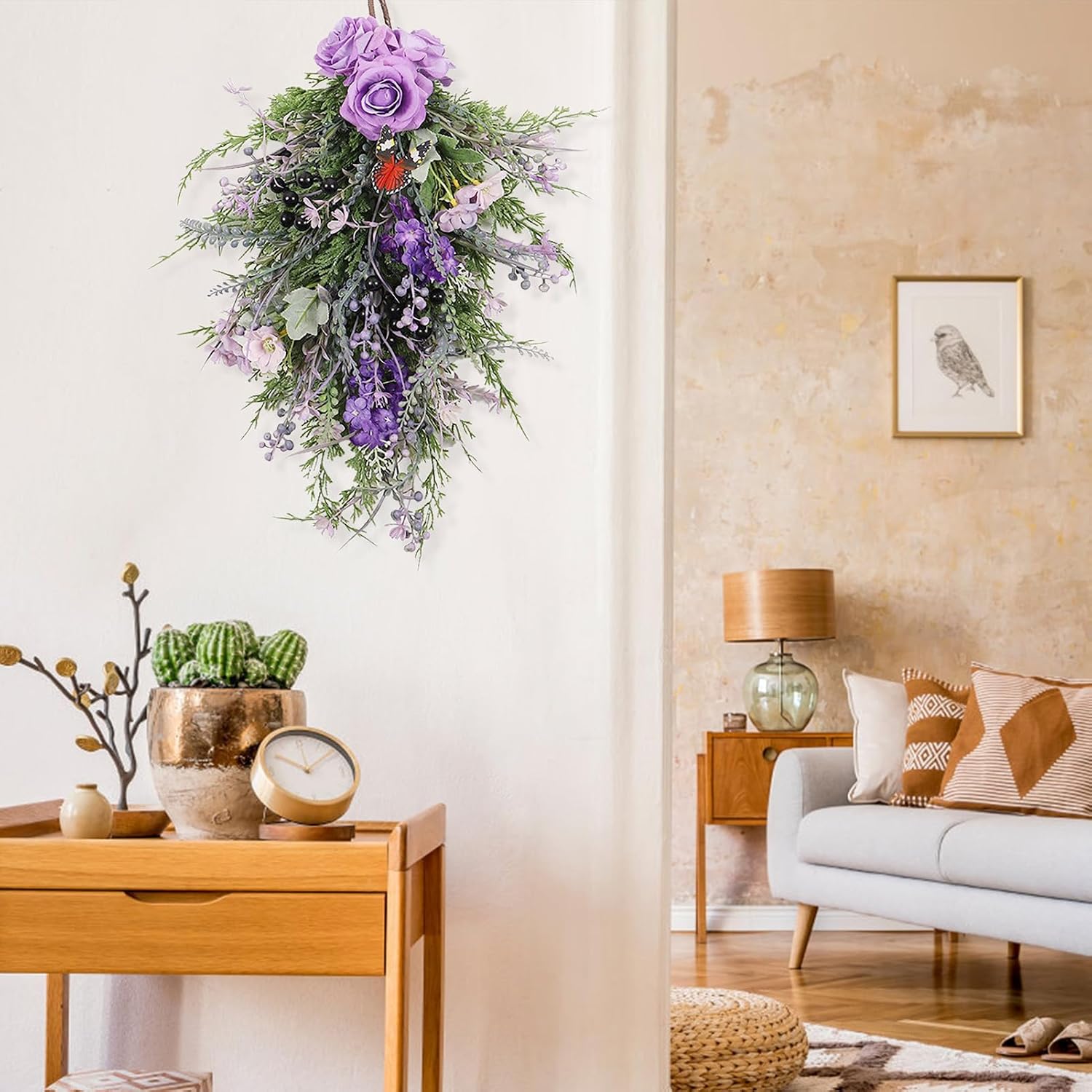 MINGZHE Artificial Hanging Rose Plants,Decorative Teardrop Artificial Hanging Flowers Fake Hanging Flowers Door Swag Wreath for Indoor Outdoor 50x35 cm