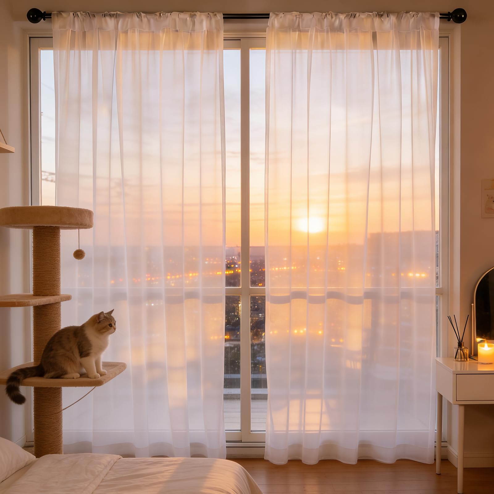 Gardinen Transparent 200 x 210 cm mit Kräuselband, Halbtransparent, Lichtdurchlässig, mit Ösen in Leinenoptik, Luftig Und Langlebig, Stores Gardine Leinenoptik für Jedes Fenster, Weiß