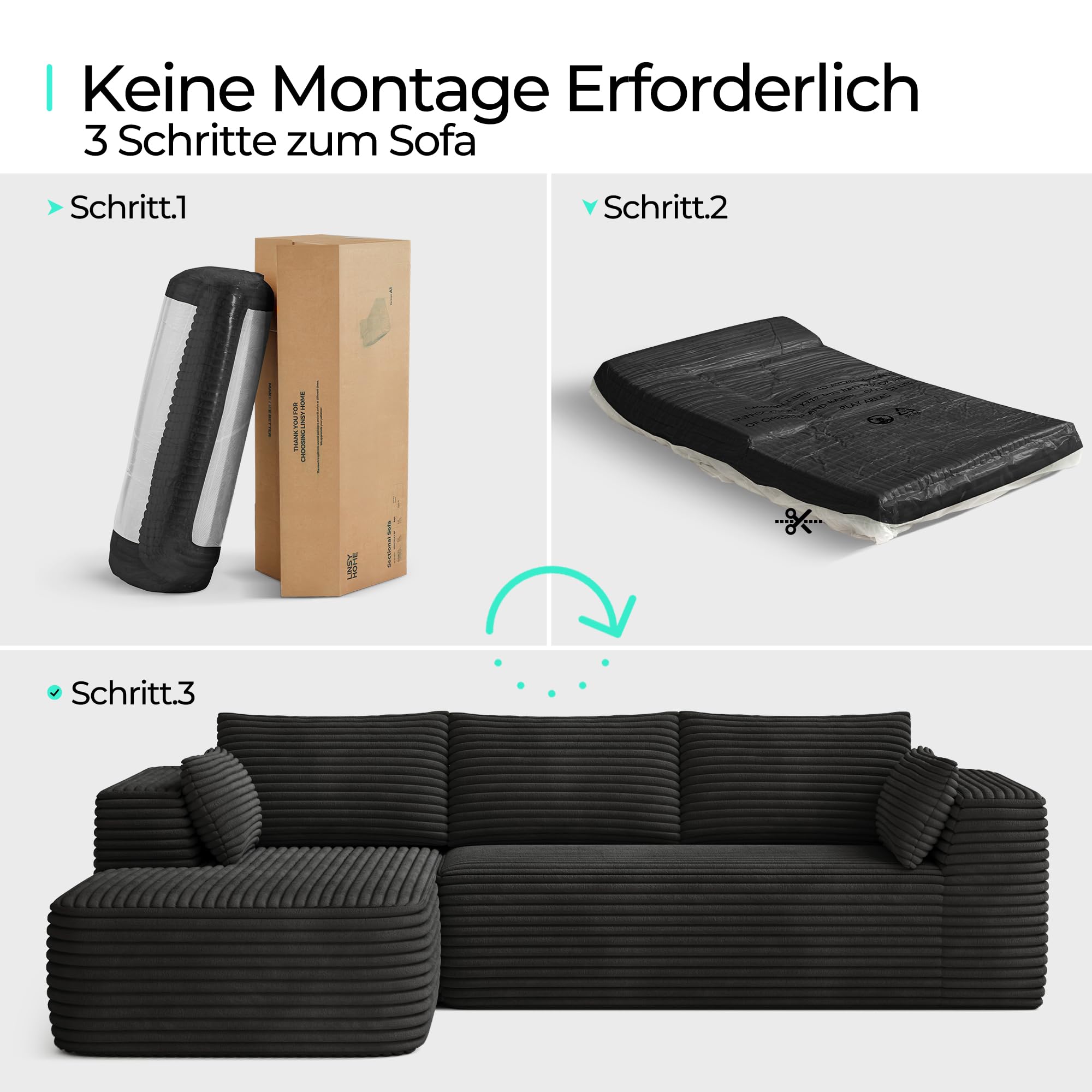 LINSY HOME Corduroy hoekbank met slaapfunctie, 270 cm, modulaire L-vormige bank, 3-zits bank met chaise longue, sectionele bank voor woonkamer, geen montage nodig