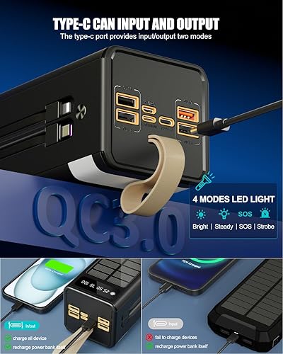 Miniatura 6 de Banco de energía de 90000 mAh, carga rápida de 35 W con cargador solar, cables USB-CLightning incorporados, cargador portátil de alta capacidad para