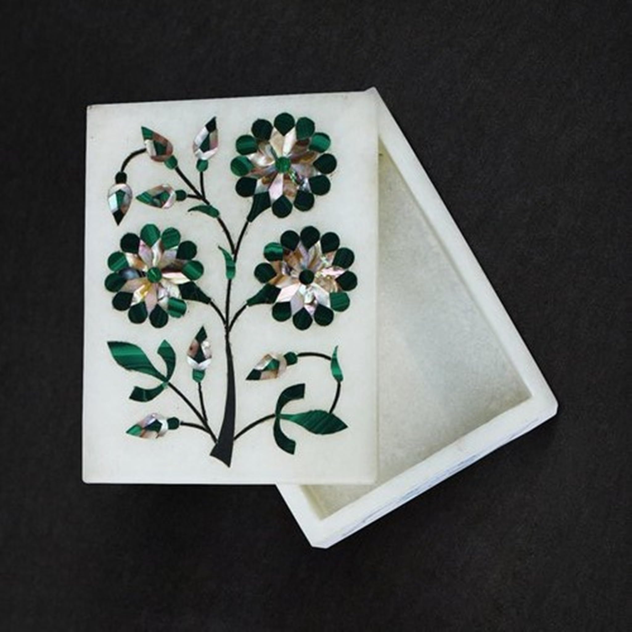 Boîte à bijoux marbre blanc rectangulaire Pietra Dura Art