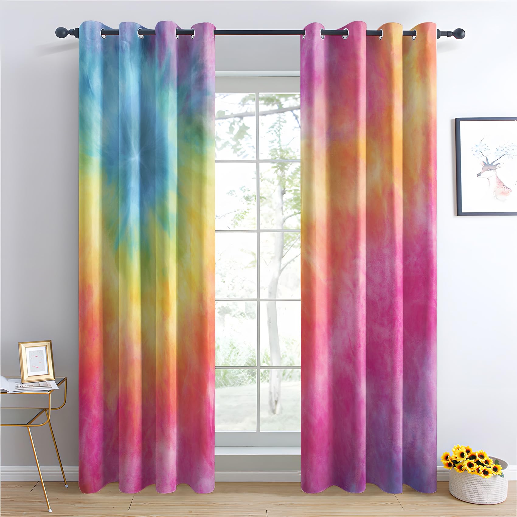 Venivici Rainbow Blackout Curtains for Bedroom Living Room - 72 Inch Drop Curtains Eyelet, Tie Dye Pastel Watercolor Patterned Window Treatments, Thermal Insulated Drapes 66x72 2 Panels