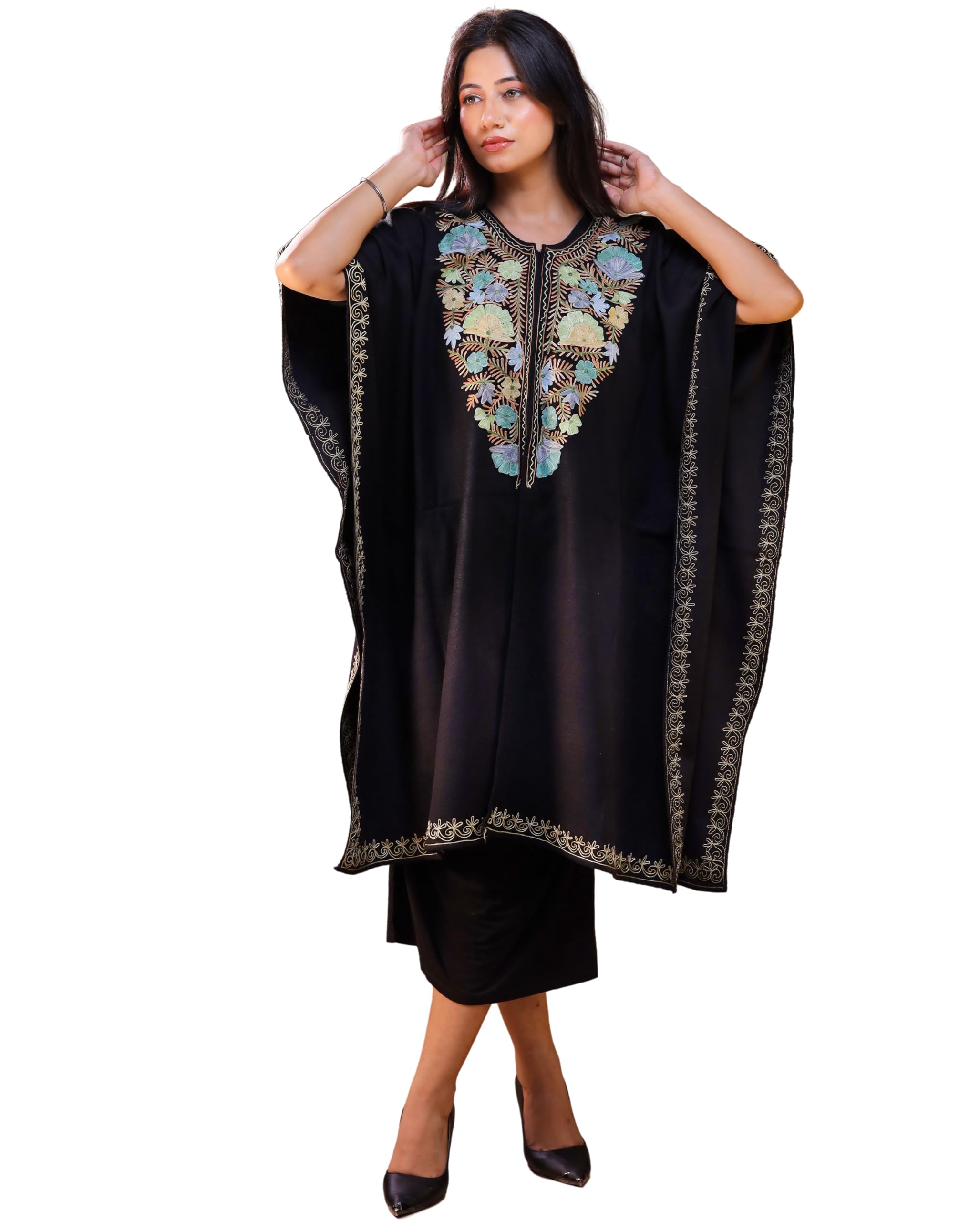Women's Black Aari Work Yoke Design Kashmiri Embroidered Pheran KF3_Black-image-12