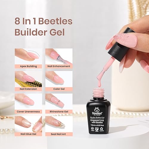 Miniatura 4 de Beetles Builder Gel - 12 unidades, 8 en 1 rosa pastel nude gel constructor para uñas, colores beige y blanco, gel duro, extensión de gel