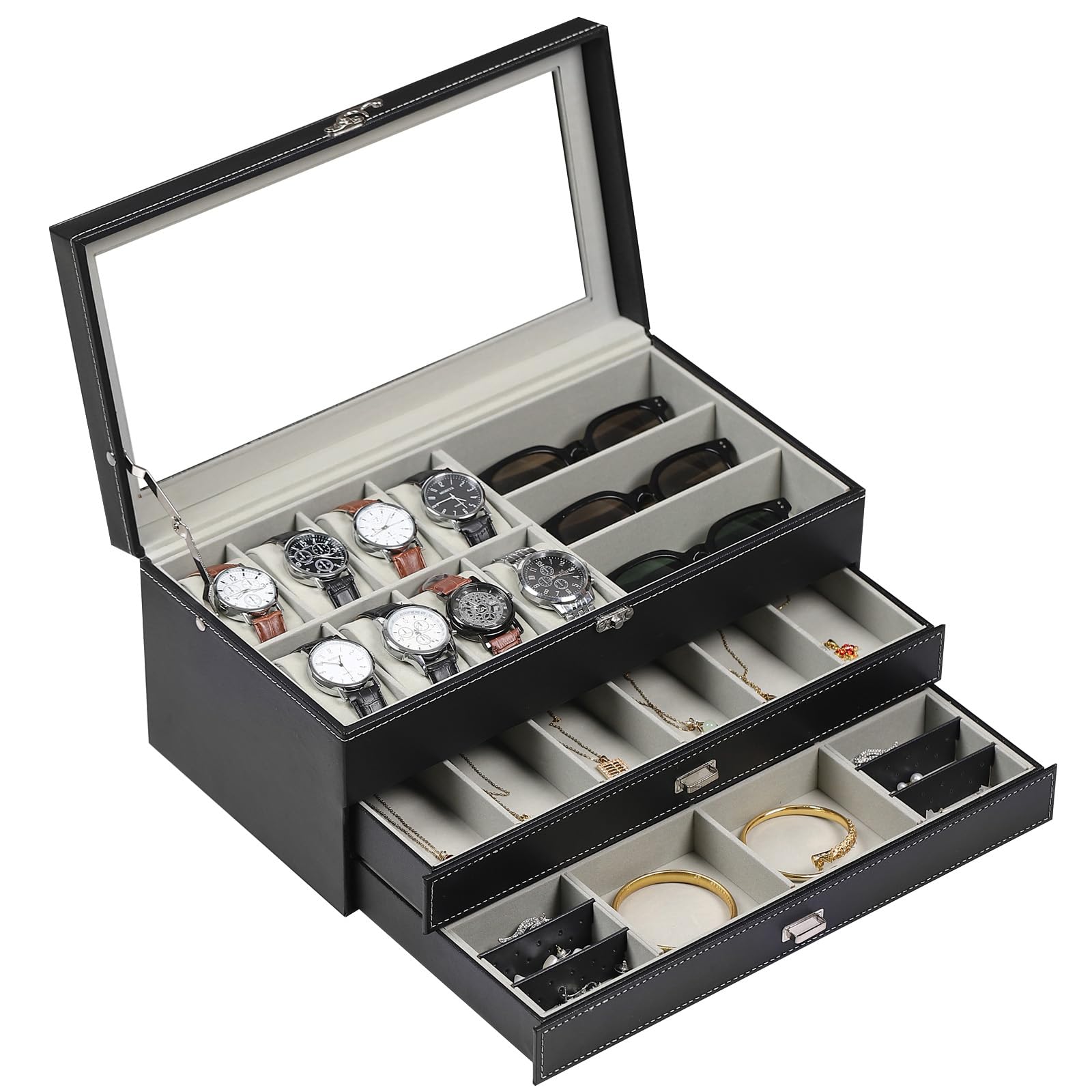 NFBCXUTKW AUTOARK 3 Layer Leather 8 Watch and 3 Eyeglasses&Sunglass Box with Jewelry Display Drawer Lockable Case Organizer,Mens Women Storage Holder Boxes,Glass Top,Black,AW-099