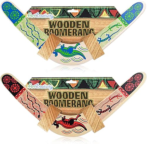 Miniatura 7 de ArtCreativity Boomerang de madera, juego de 2, boomerang clásico de retorno para niños con obras de arte coloridas, boomerangs para adultos,