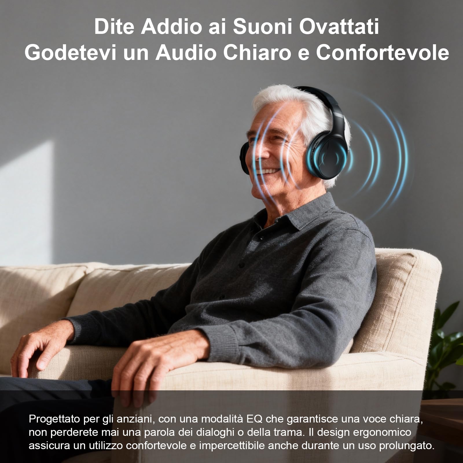 Cuffie Senza Fili per TV, Dual-mode Bluetooth 5.4 e 2.4G RF con trasmettitore, 5 Preset Equalizzatore con Dialoghi Chiari, Microfono Integrato per Chiamate, Cuffie TV, Nero