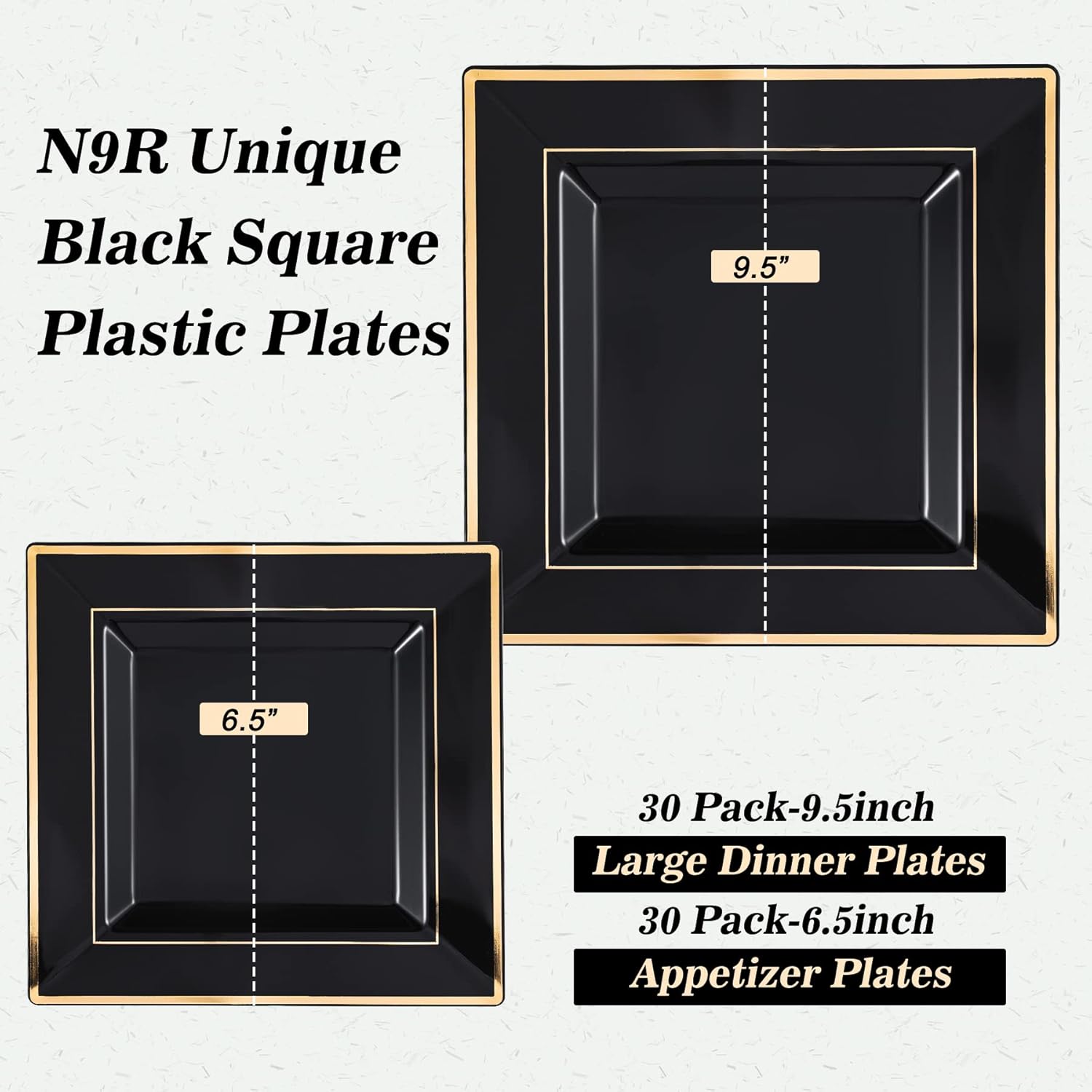 N9R 60 Pack Black Square Plastic Plates with Gold Rim Include 30 Disposable Dinner Plates 9.5 Inch and 30 Dessert Plate 6.5 Inch, Fancy Plate for Party, Wedding, Halloween and Daily Use - Image 2