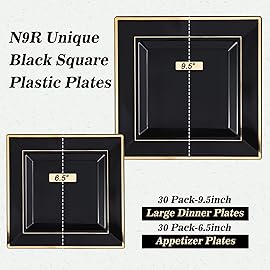 N9R 60 Pack Black Square Plastic Plates with Gold Rim Include 30 Disposable Dinner Plates 9.5 Inch and 30 Dessert Plate 6.5 Inch, Fancy Plate for Party, Wedding, Halloween and Daily Use