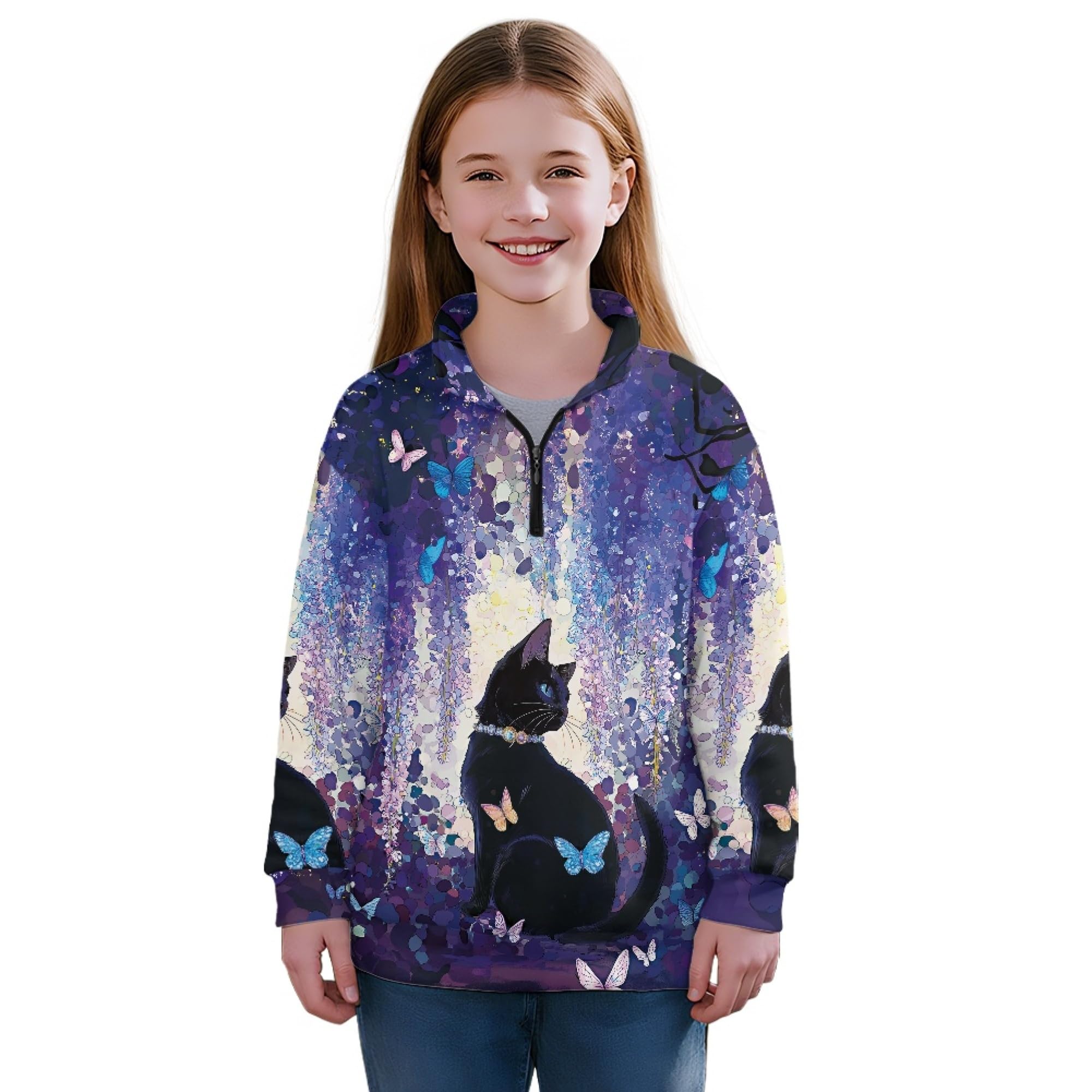 AmzPrint Half Zip Pullover Jackets Girls Long Sleeve Warm Pullover Back To School Running Oversized Hoodie For Big Girls