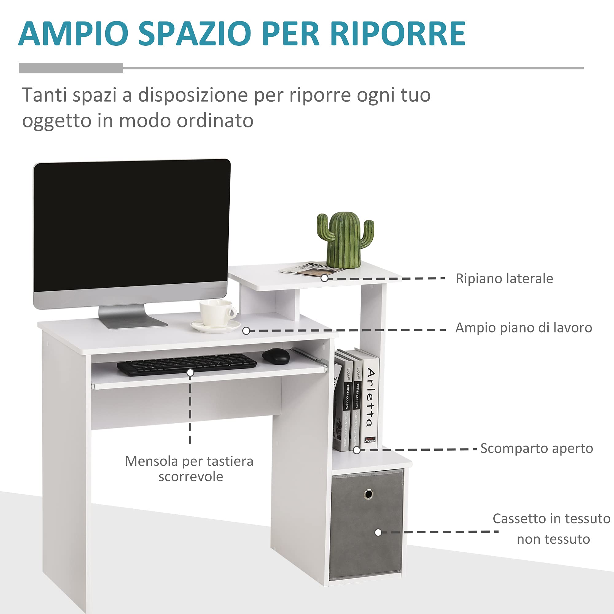 HOMCOM Scrivania Moderna per PC con Ripiano in Legno 100x40x86.6cm Bianco | Mensola Porta Tastiera, Cassetto in Tessuto