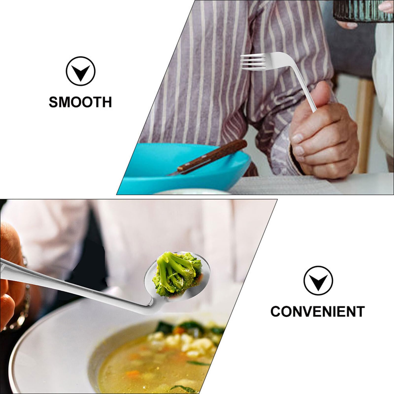 Generico Set 4 Utensili Angolati in Acciaio Inox per Autoalimentazione Anziani e Disabili, Cucchiai e Forchette Ergonomiche per Assistenza Pasti a Letto, Utensili Pesanti per Presa Debole