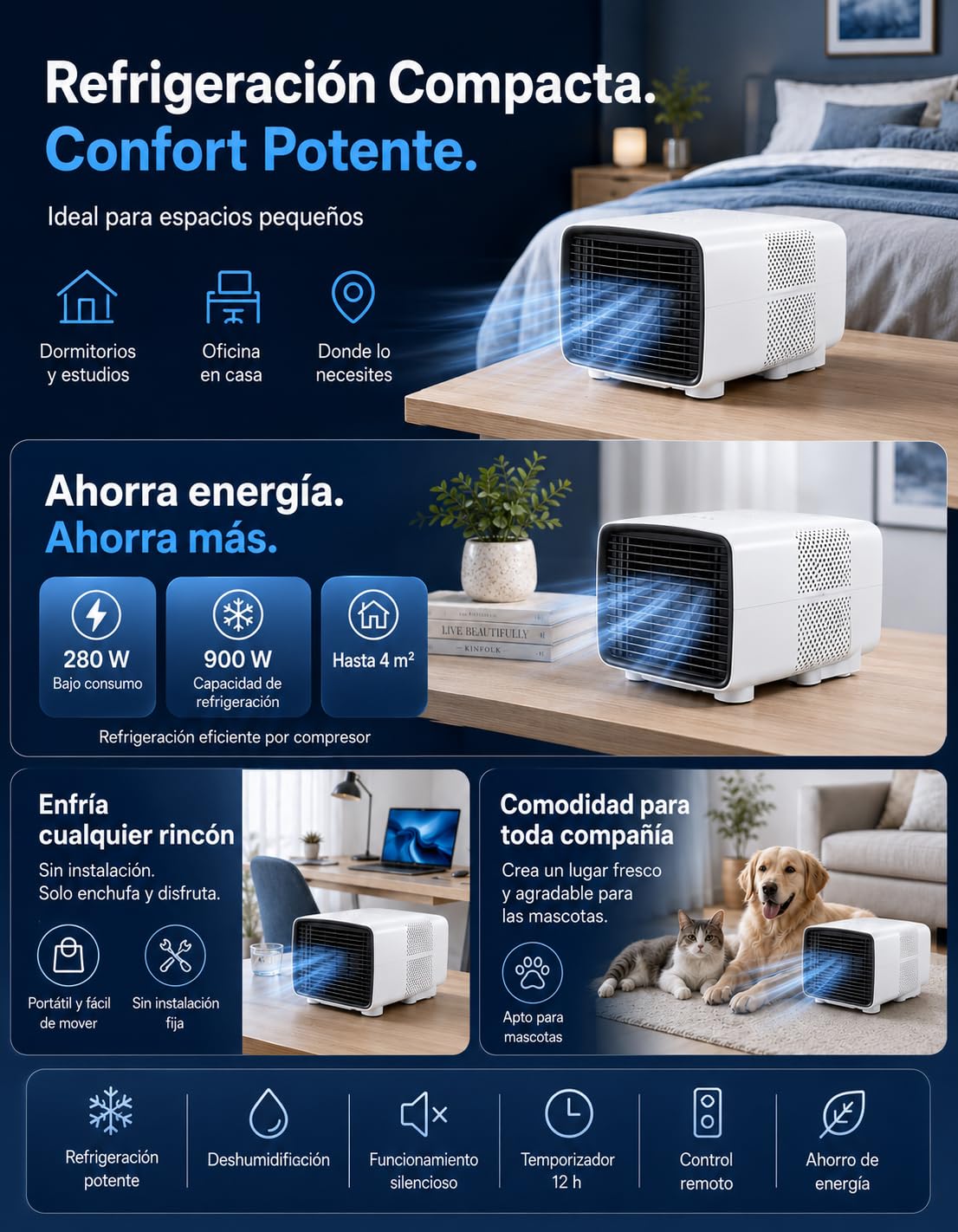 Aire Acondicionado Portátil 2700 BTU 3 en 1 para Casa y Caravana | Refrigera, deshumidifica y ventila casa y caravanas; modo noche, mando a distancia, temporizador y tubo de escape