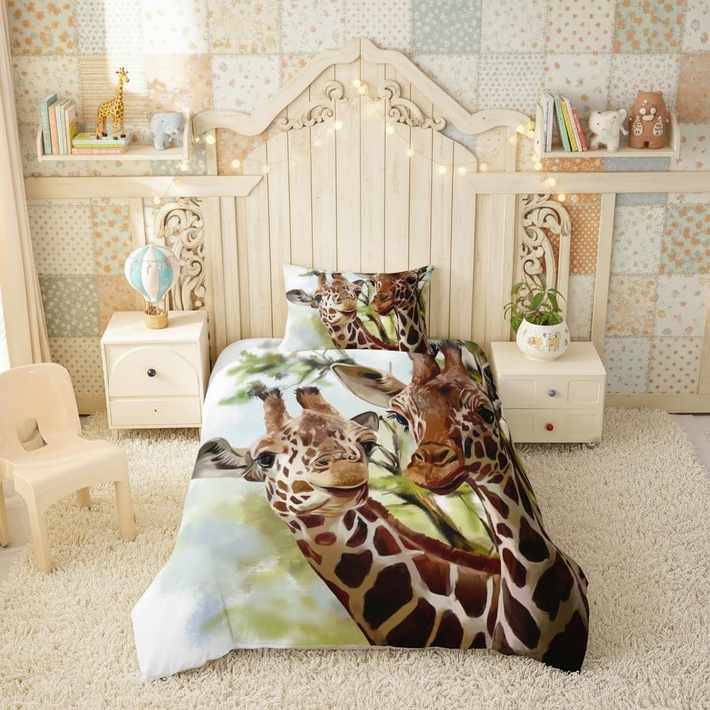 feelingyou Zwei Giraffen Bettwäsche-Set Grüne Baumblätter Bettwäsche Set 135x200cm Ölgemälde Betten Set für Kinder Jungen Mädchen Teenager 2St.Reißverschluss Mikrofaser