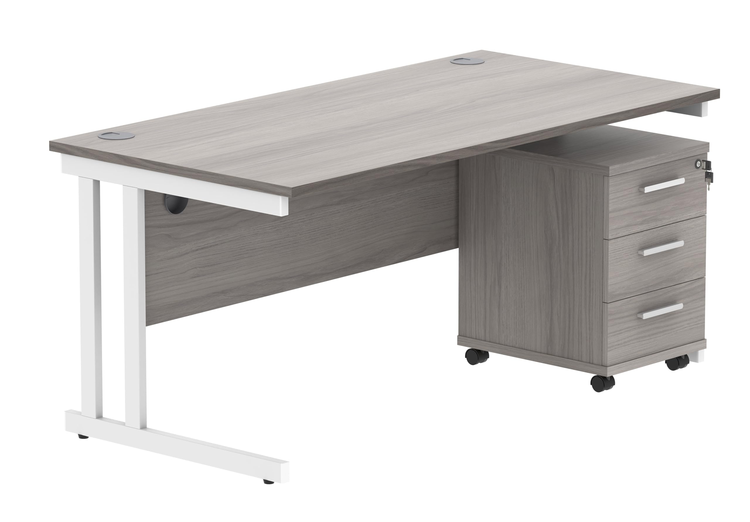 Office Hippo Heavy Duty Rectangular PC Office Desk with Storage, 3 Drawer Mobile Pedestal, White Frame, Alaskan Grey Oak Top, 160 x 80 x 73 cm