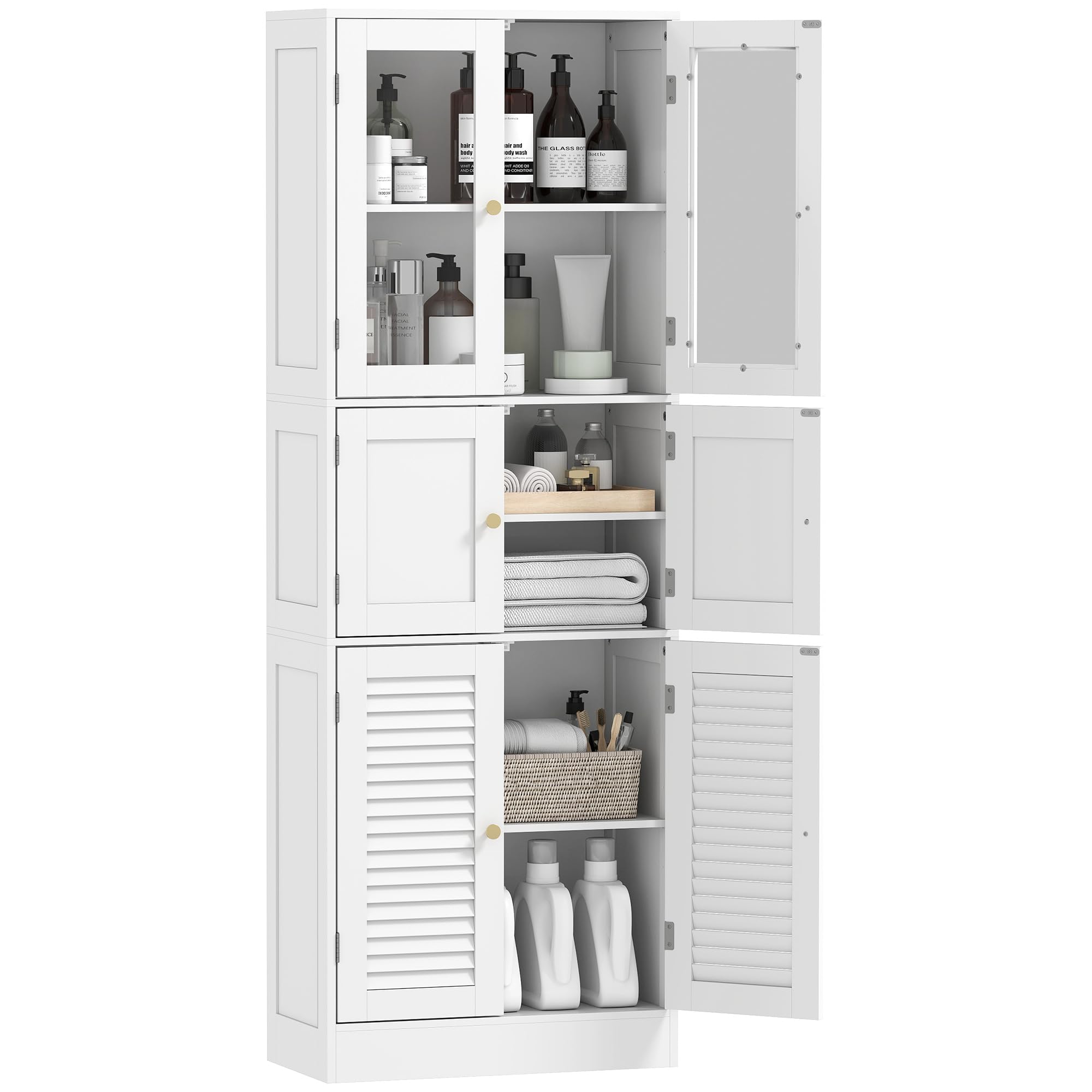 HOMCOM Mobile Bagno Alto Slim con 3 Armadietti a Maniglie, Mobiletto Bagno Salvaspazio con Ante Magnetiche in Vetro, a Persiana e Ripiani Regolabili, per Sala da Pranzo Soggiorno, 60x30x170cm, Bianco