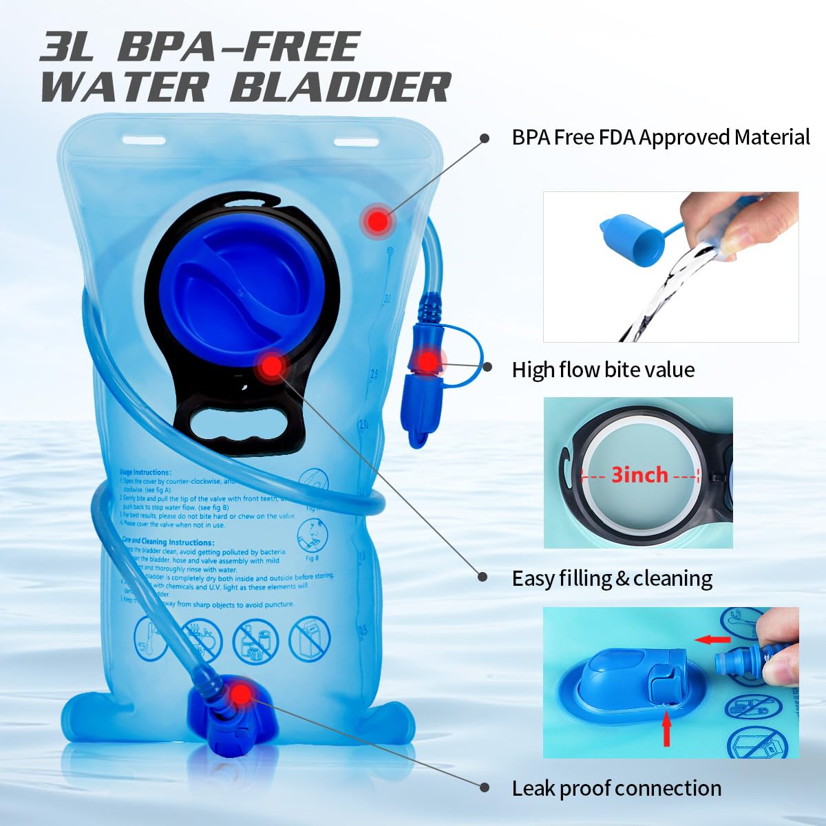 Sac à Dos d'hydratation avec vessie d'hydratation 3L, Sac à Dos de Cyclisme extérieur imperméable et Respirant de Grande capacité, pour la Course, la randonnée, Le Cyclisme, Le Camping…