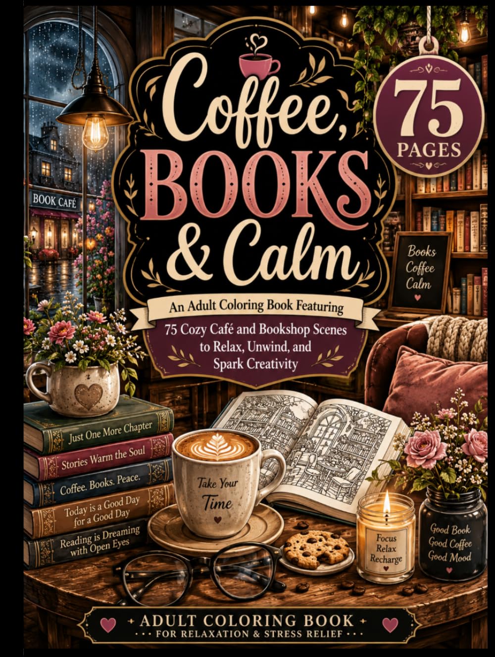 Coffee, Books & Calm: An Adult Coloring Book Featuring 75 Cozy Café and Bookshop Scenes to Relax, Unwind, and Spark Creativity