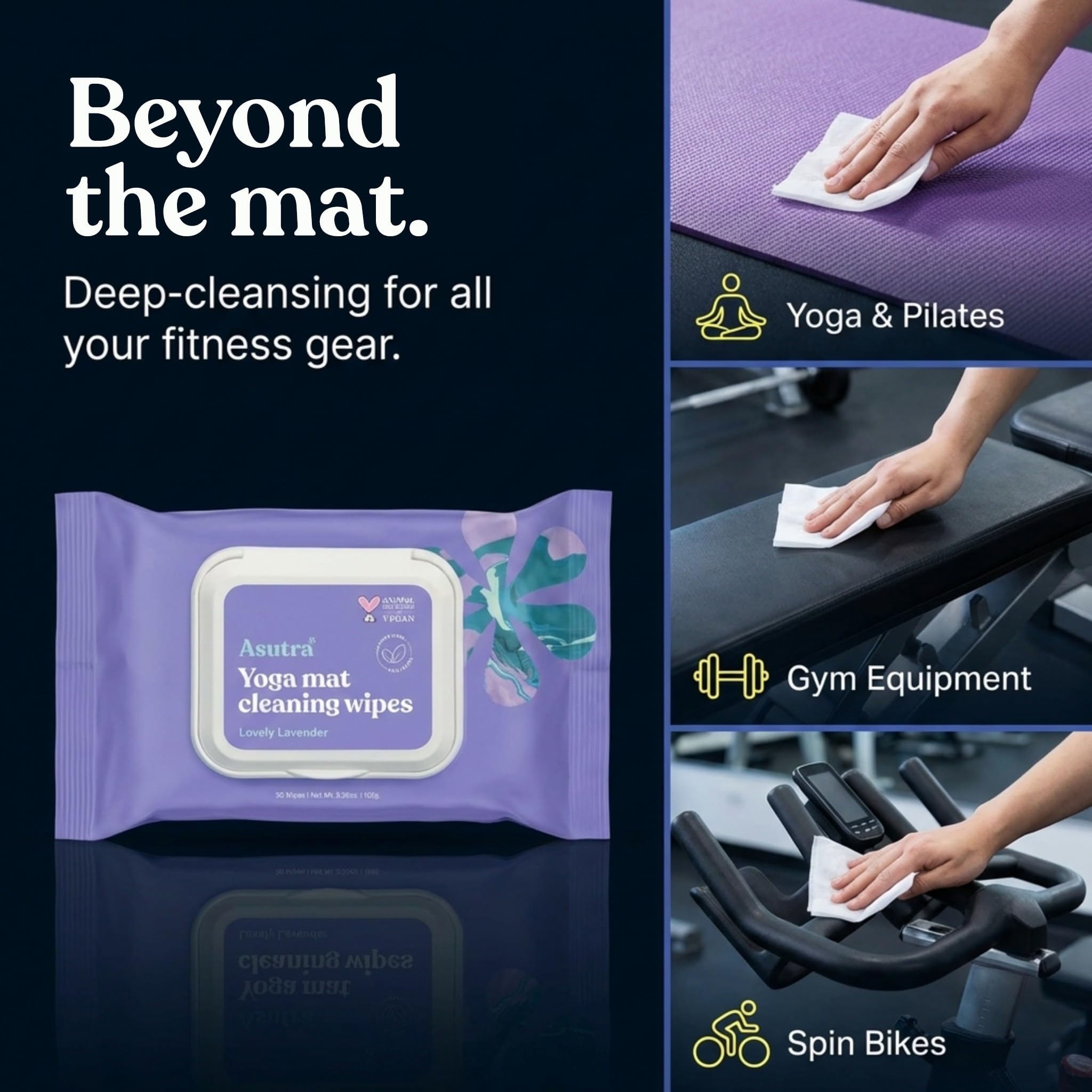 ASUTRA Toallitas de limpieza para esterilla de yoga (lavanda encantadora), 3 bolsas (30 toallitas cada una), sin residuos resbaladizos, limpieza profunda para equipo de fitness y equipo de gimnasio