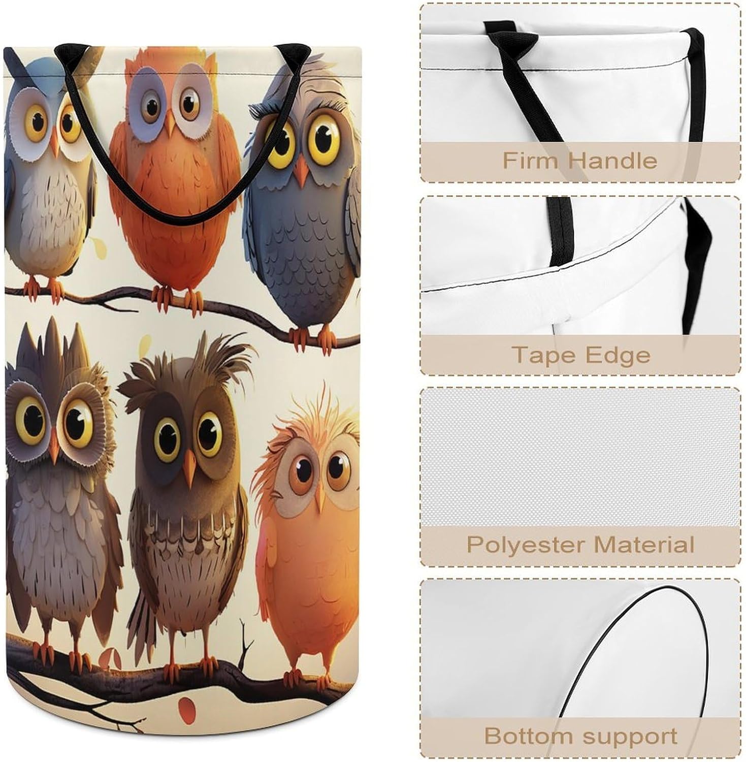 Large Laundry Hamper with Handles Owls Birds Laundry Basket Freestanding Waterproof Clothes Hamper for Living Room Bedroom Bathroom College Dorm