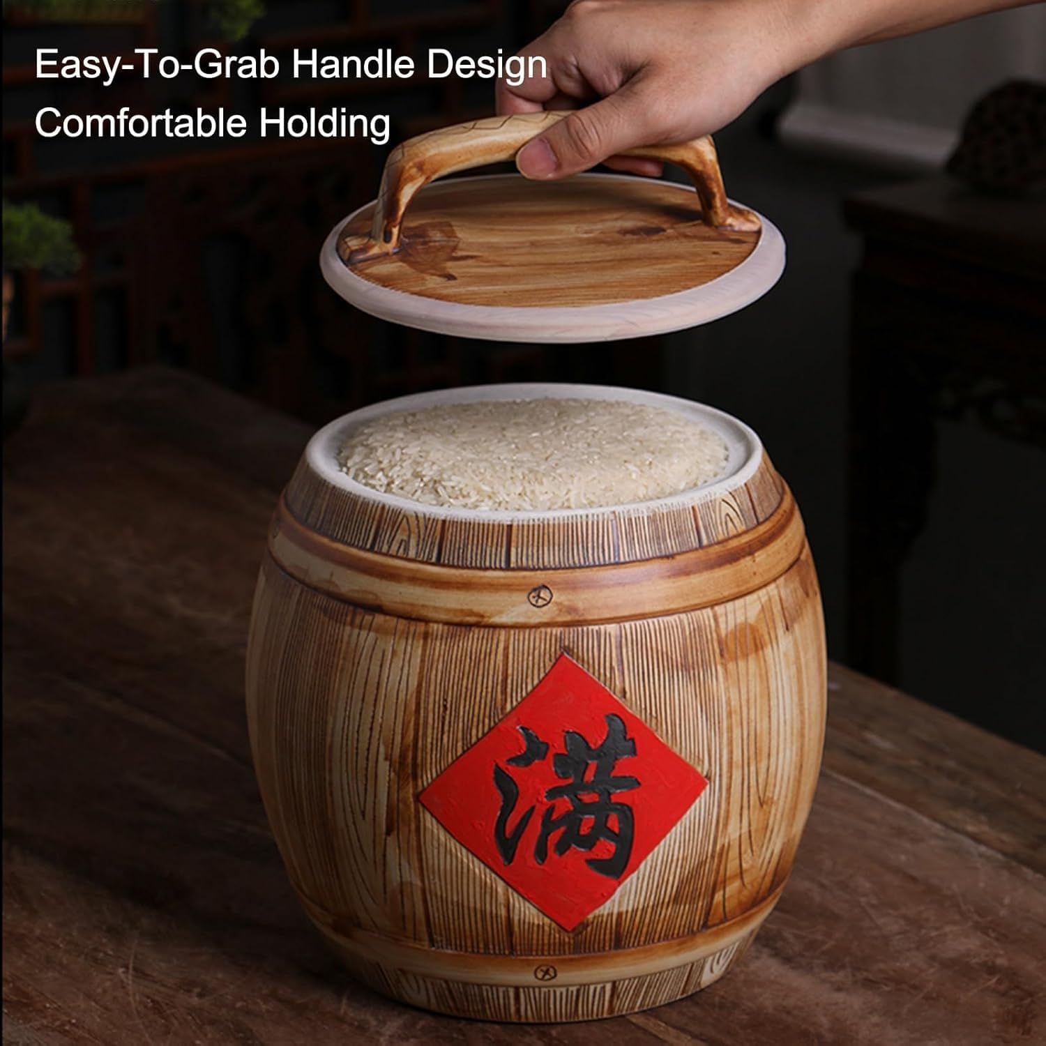 Ceramic Rice Jar with Lid, Ceramic Rice Bucket, Large Ceramic Rice Container, Ceramic Rice Cylinder, Large Food Storage for Noodles Rice Snacks, 27x23cm/10.6x9.1in