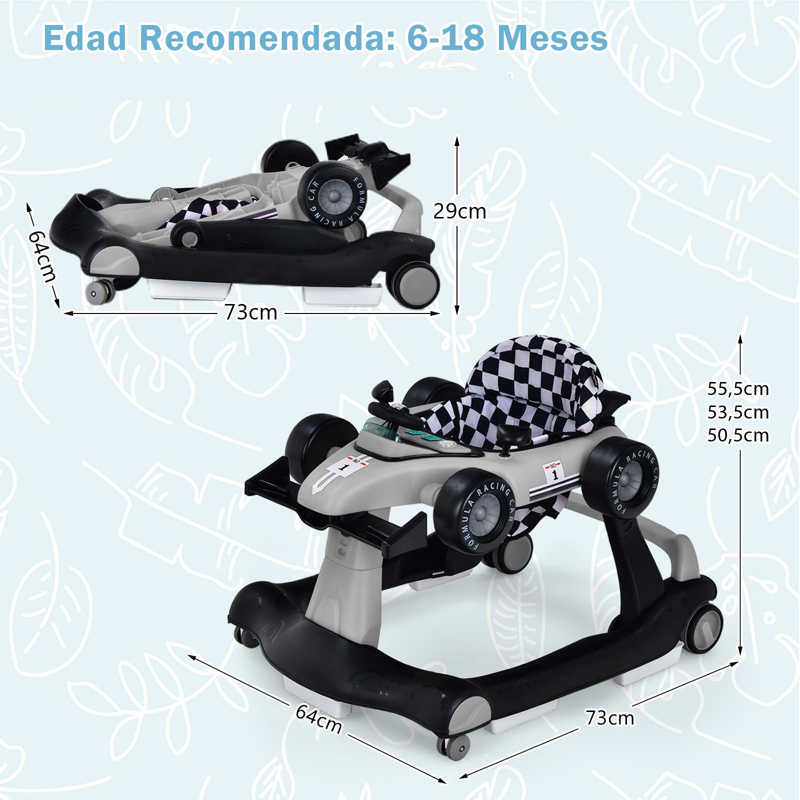 COSTWAY 4 en 1 Andador Bebes, Tacata Bebe Plegable con Altura y Velocidad Regulables, Carillón con Luces, Volante y Asiento con Cojín, Diseño Antivuelco, Caminador para Bebe de 6-18 Meses - 5