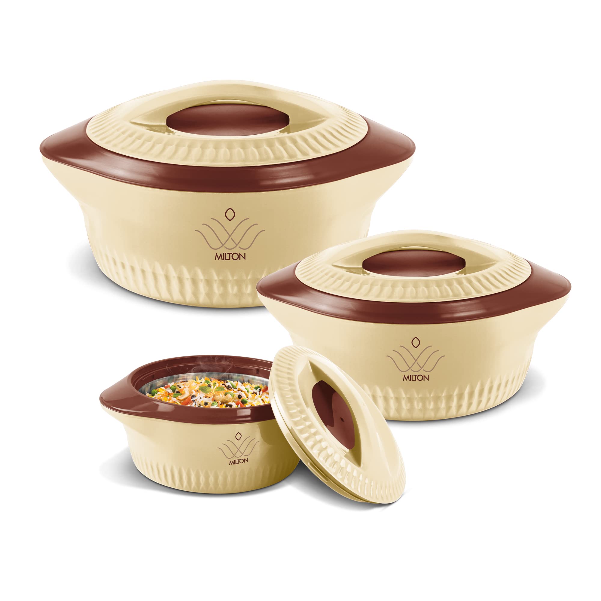 Milton Royal Jr. Insulated Inner Stainless Steel Casserole,Set of 3, (410 ml, 830 ml, 1.27 Litres),Brown | BPA Free |Food Grade | Easy to Carry | Easy to Store | Ideal For Chapatti | Roti | Curd Maker