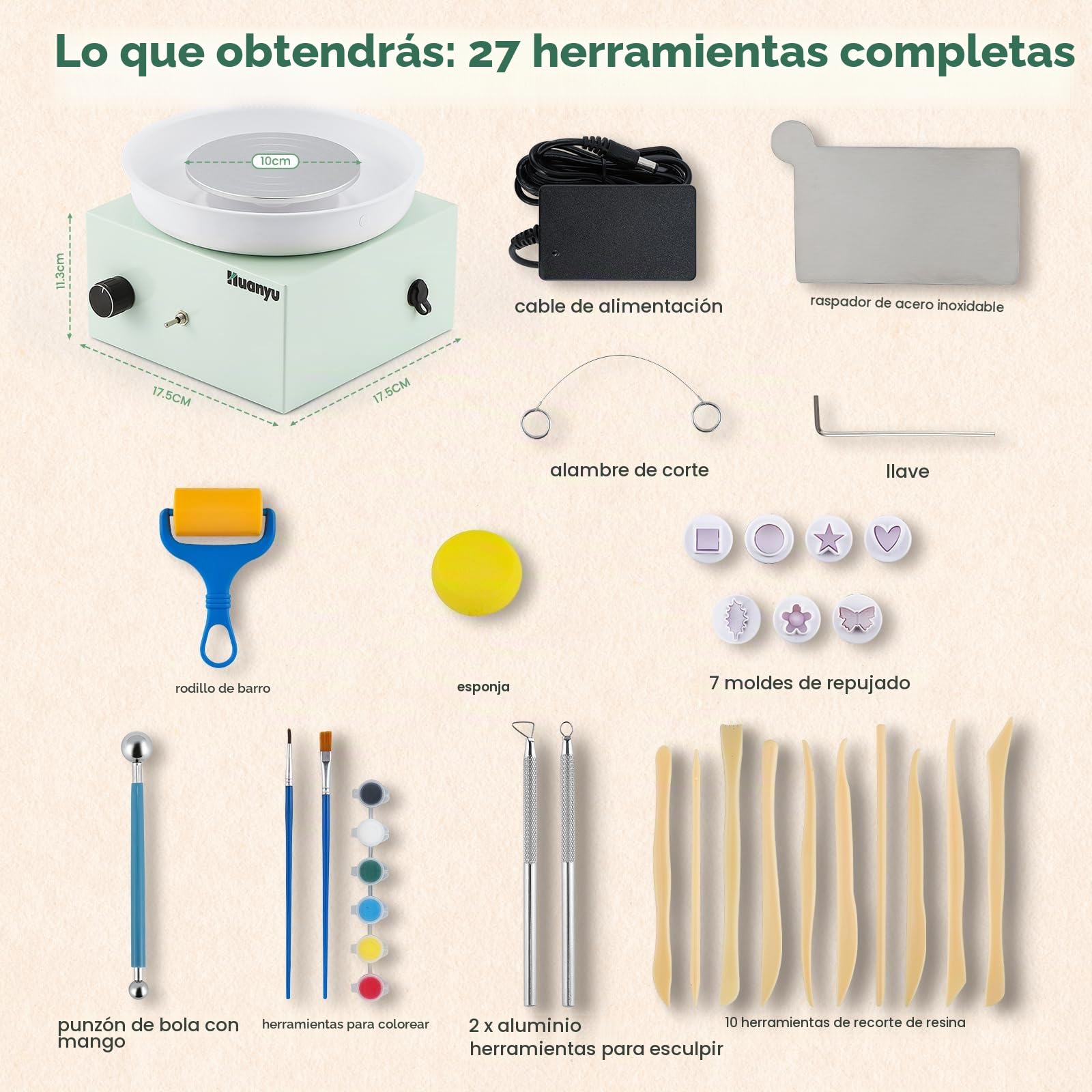 Huanyu Volante de Alfarería 10cm Mini Volante de Alfarería Eléctrico 0-2000RPM Velocidad Ajustable Volante de Alfarería Cerámica con 27pcs Kit de Herramientas de Alfarería (Verde)