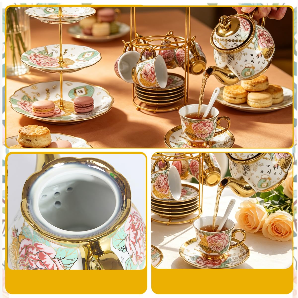 Gold Plated Red Rose Ceramic Tea SetS, Vintage Tea Set with Teapot, Beautiful Tea Set Coffee Serving 6 People (Gold, Medium)