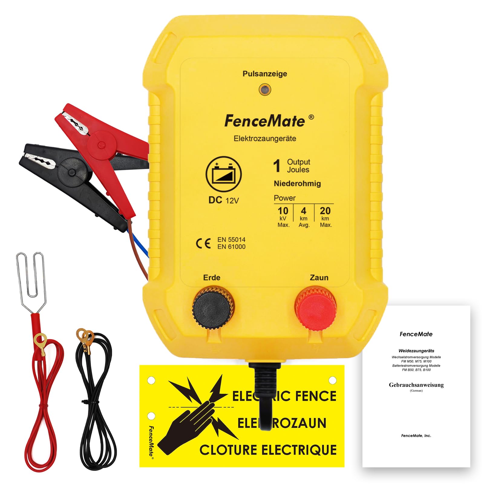 FenceMate 12V Weidezaungerät 1 Joule Output für 4 bis 20 km, niedrige Impedanz Spitzenspannung 10kV für Geflügel, Vieh, Hobbytiere, Haustiere, Steuergerät zum Schutz von Gärten und Grundstücken