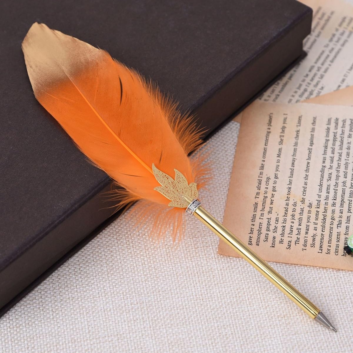 Quill Pen Vintage Feather Ballpoint Pen Refined Witchy Pen for Writing Signature or Gift Wedding Bridal (Orange color)