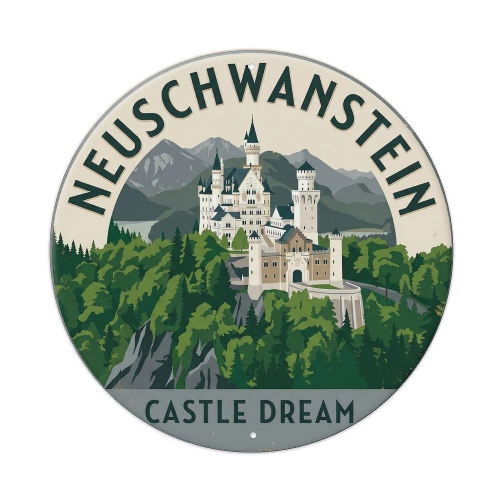 Neuschwanstein Castle Dream Bavaria Landmark Metal Tin Sign Plaque Wall Decor for Cafe, Club Bar, Office, Home Garden Round Metal Poster 8x8Inch