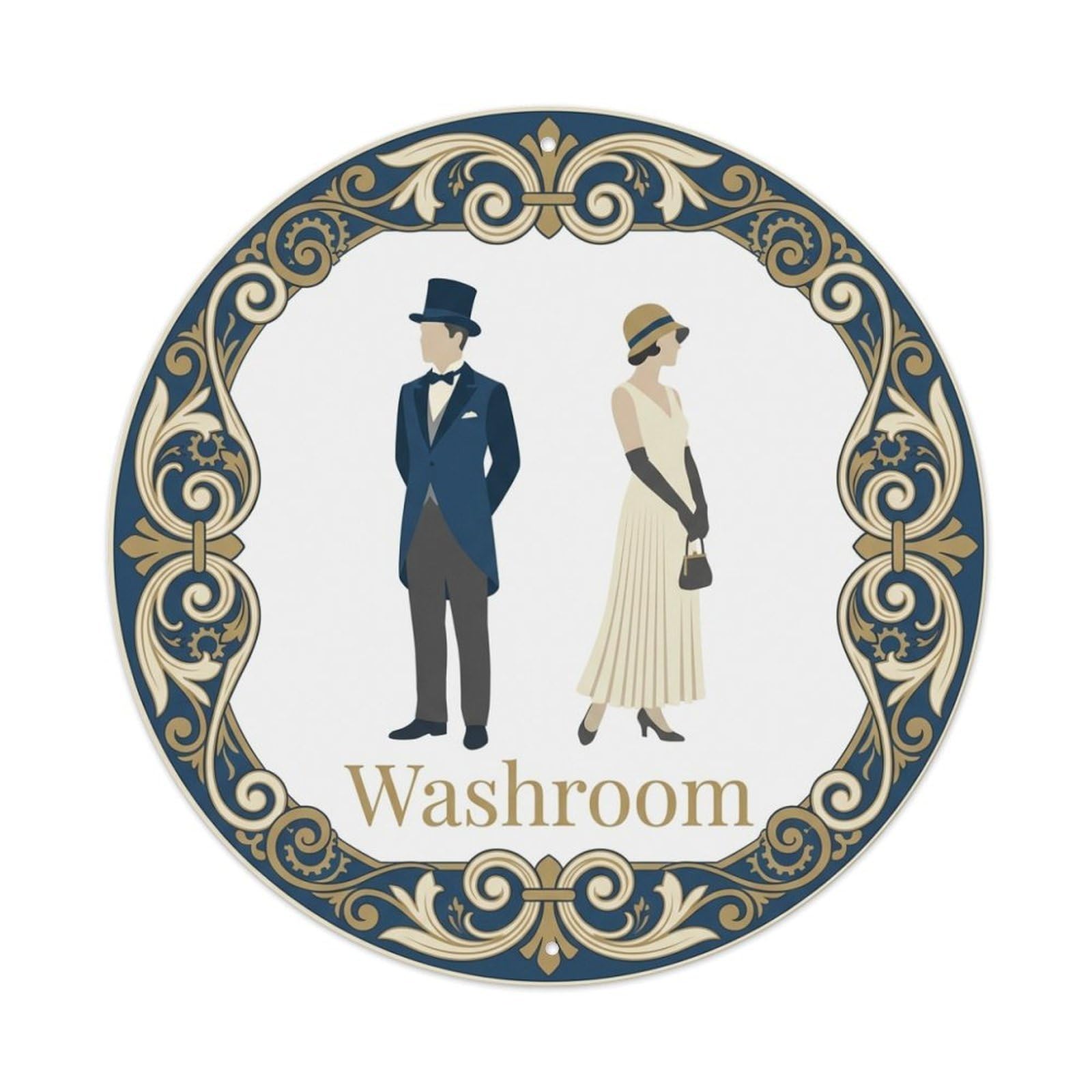 Restroom Notice Washroom Ivory Blue Floral Swirl Metal Tin Sign