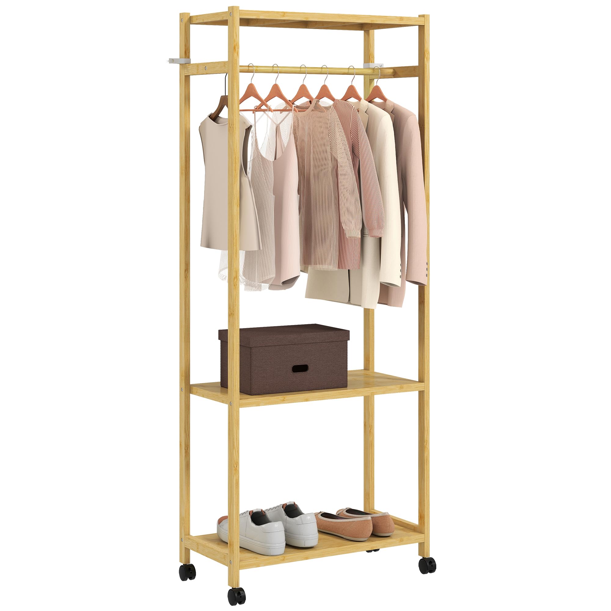 HOMCOM Stand Appendiabiti da Terra con Barra 70x35x175 cm Legno Naturale | 4 Ruote, Attaccapanni da Terra Salvaspazio, Ripiani Inferiori in Bambù, per Soggiorno, Camera da Letto