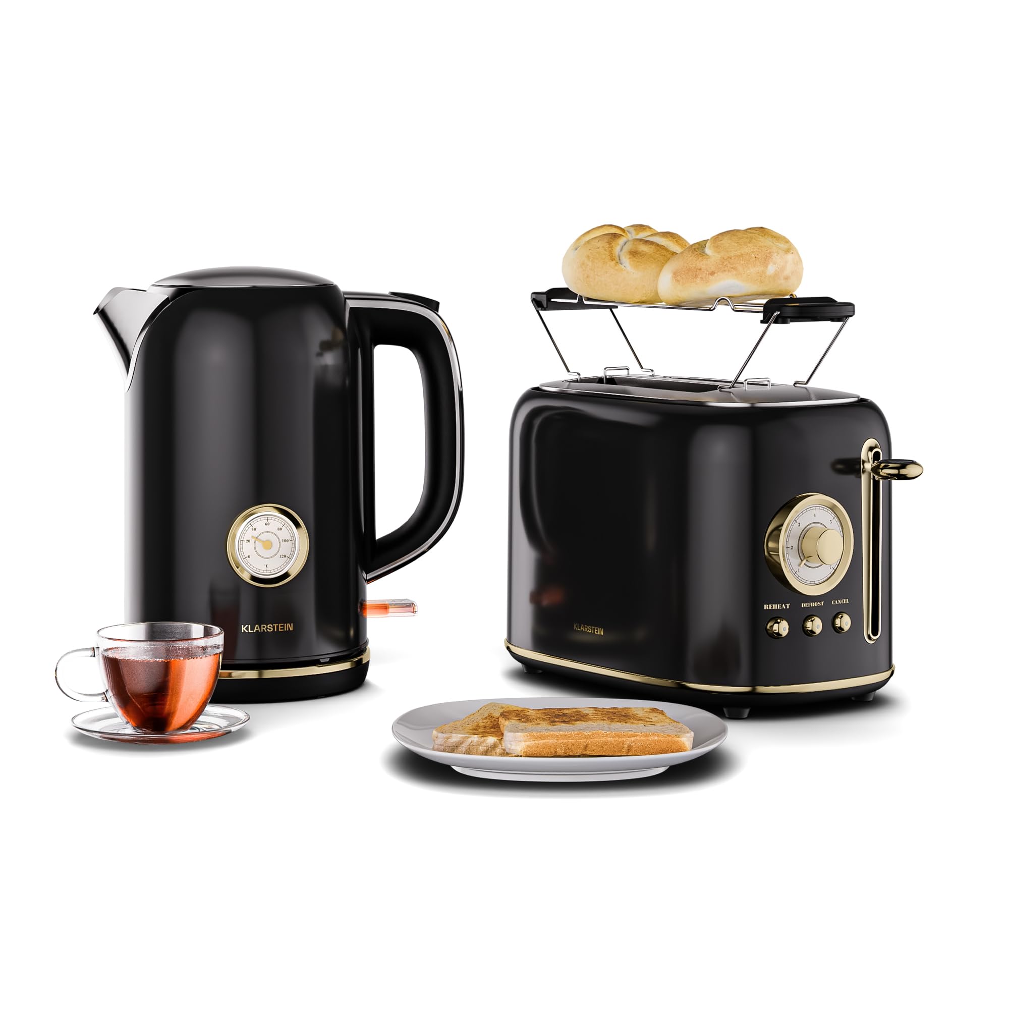Victoria Essential Breakfast Set, Retro 2 Slice Toaster with 7 Browning Levels, Bun Holder, Removable Crumb Tray, 1.7L Electric Kettle with Limescale Filter, Automatic Shut-Off, Black