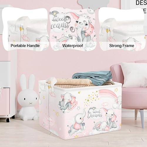 Miniatura 4 de Clastyle Cesta de almacenamiento rectangular de elefantes durmientes, color rosa, arcoíris, para niñas, con nube, luna, baby shower, ropa para