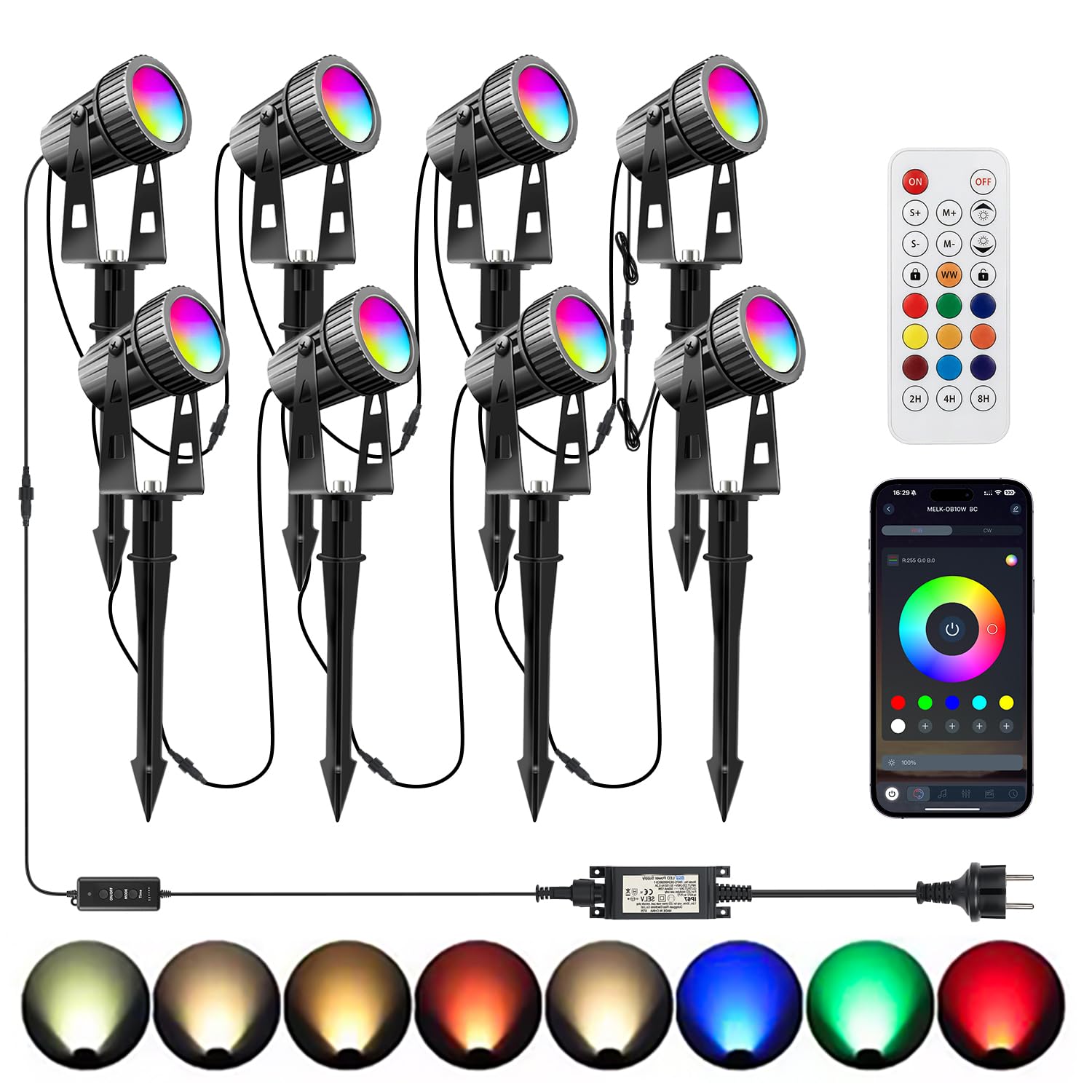 8 lampy ogrodowe LED RGBW, 24V, 24 W ogrodowy, timerem, wtyczką do ziemi i pilotem, stopień ochrony IP65, przeznaczone do trawników, ogrodów i innych przestrzeni zewnętrznych