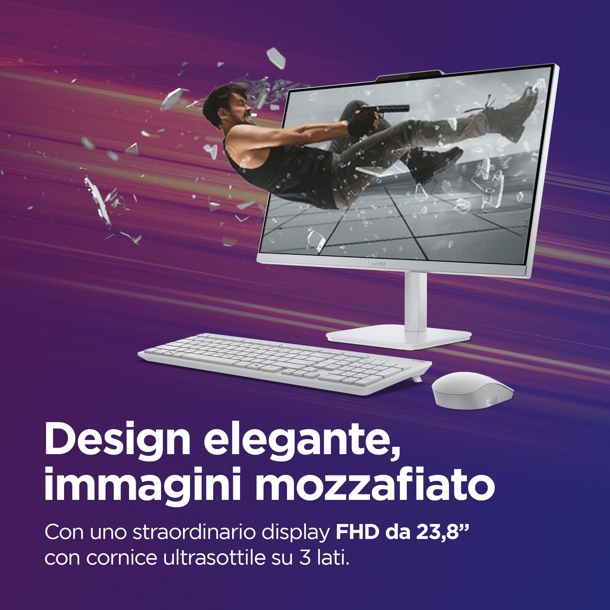 Lenovo A100 All-In-One, Display 24" FHD, Intel N100, 512GB SSD, RAM 16GB, 2Wx2 Audio Speakers, WiFi 6, Windows 11 Home, Tastiera + Mouse Wireless - Cloud Grey