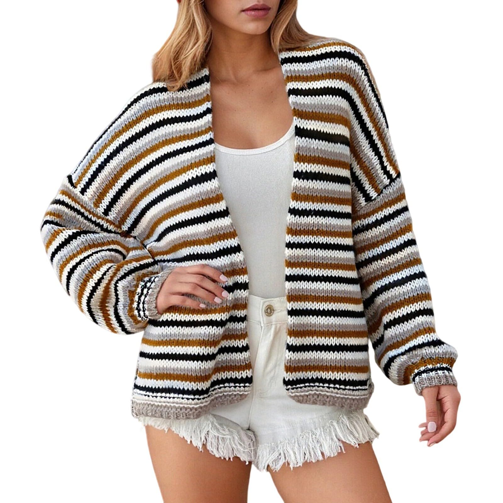 Generisch Cárdigan de punto a rayas para mujer, manga larga, parte delantera abierta, informal, ajuste holgado, parte superior, suave, cómodo, estilo suéter