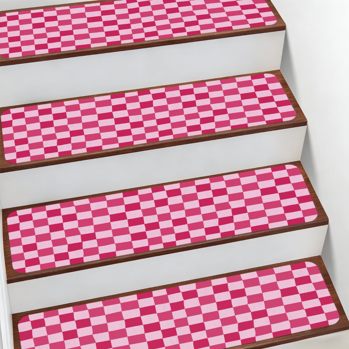 Alfombra para peldaños decorativa de ajedrez rosa para escaleras interiores de dormitorios
