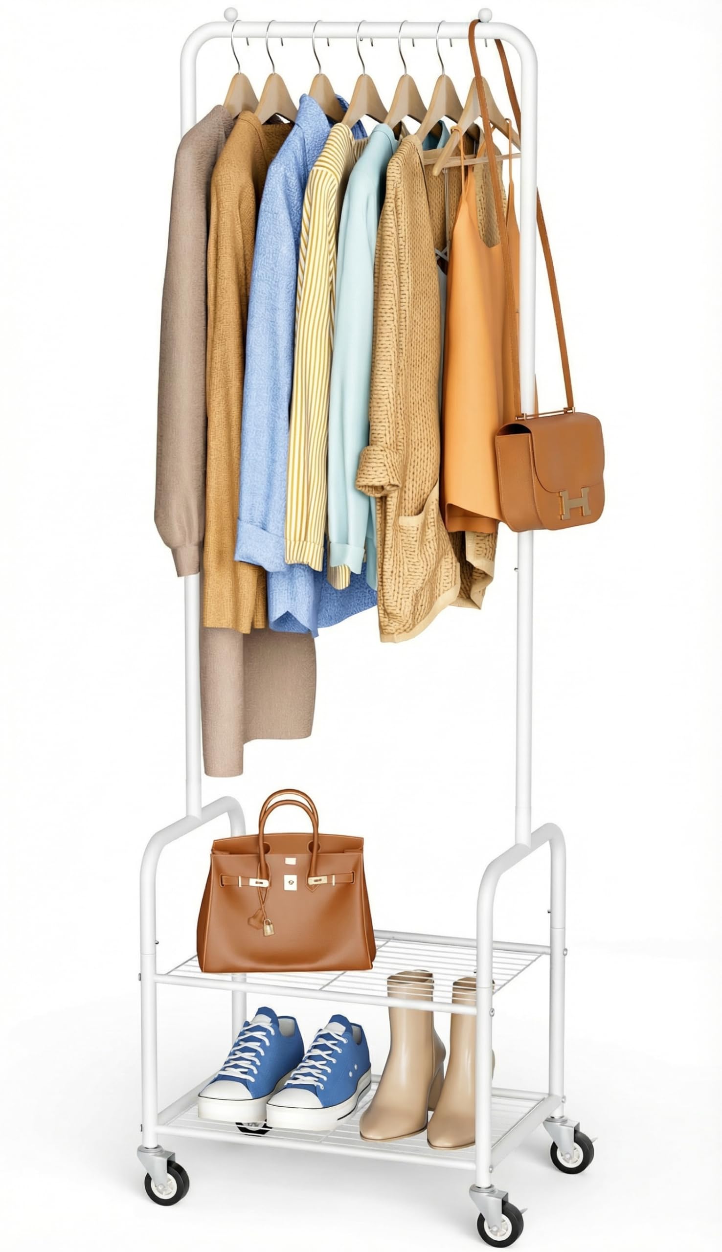 MISSLO Perchero pequeño con rejilla de almacenamiento, perchero estable con ruedas, de metal estrecho para ropa, zapatos, dormitorio, móvil, color blanco